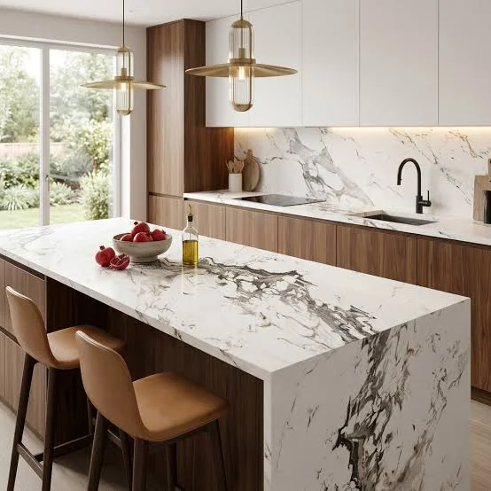 Imagen de referencia de cocina con isla en piedra sinterizada